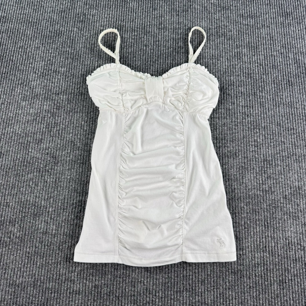 Abercrombie Fitch Cami Top Women M White Ruched Bust Stretch Moose Logo Y2K